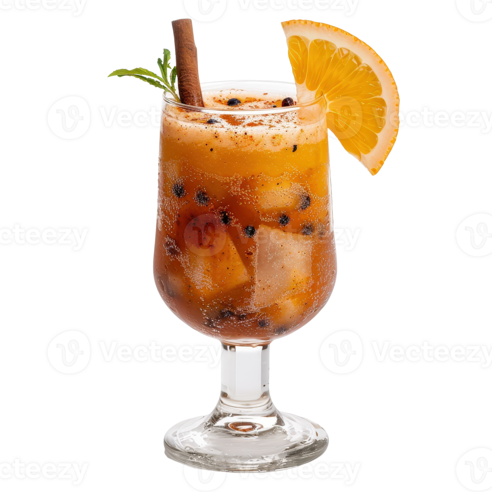A glass of orange juice with a cinnamon stick png