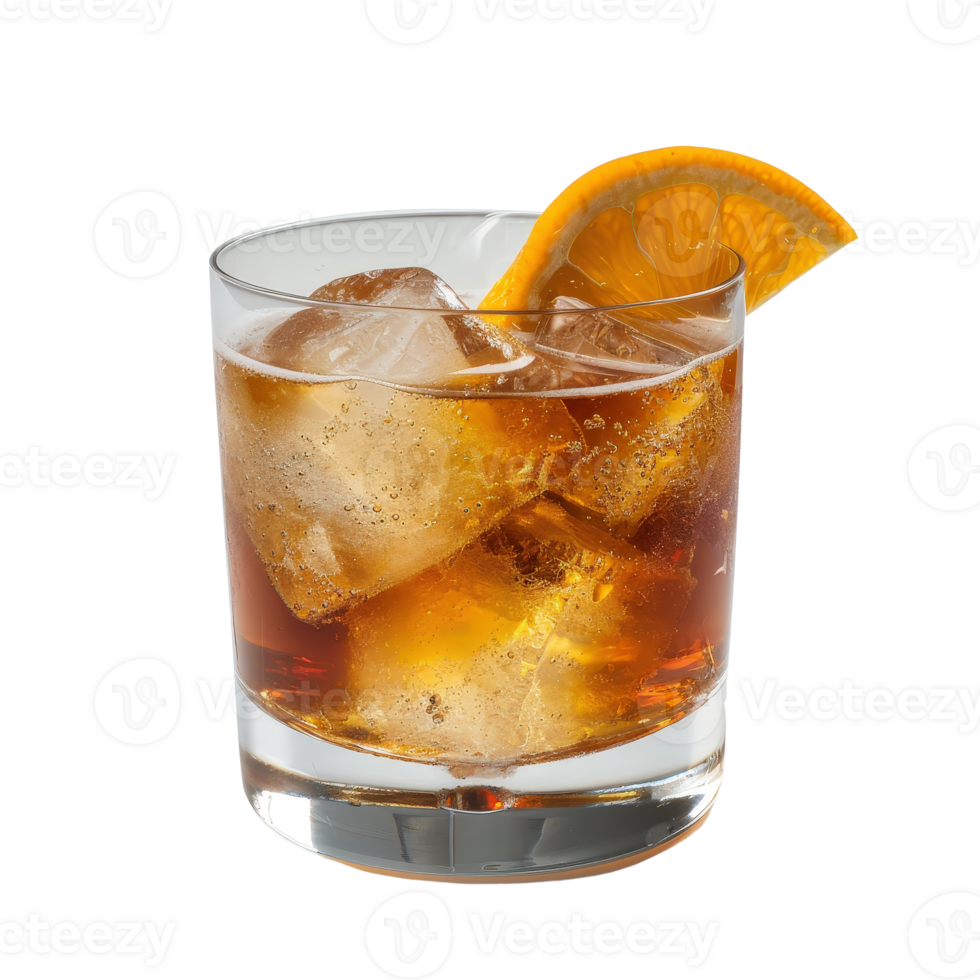 A glass of whiskey with ice and orange slice png