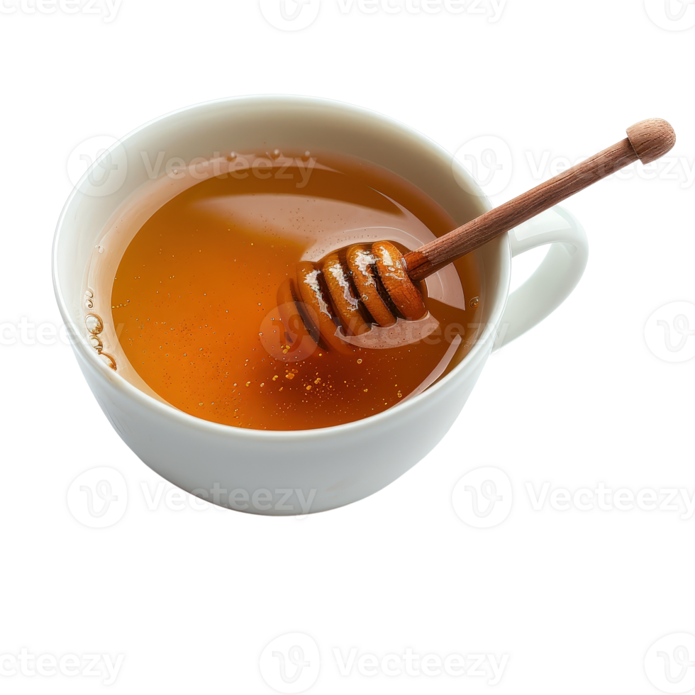 A cup of tea with honey and a wooden spoon png