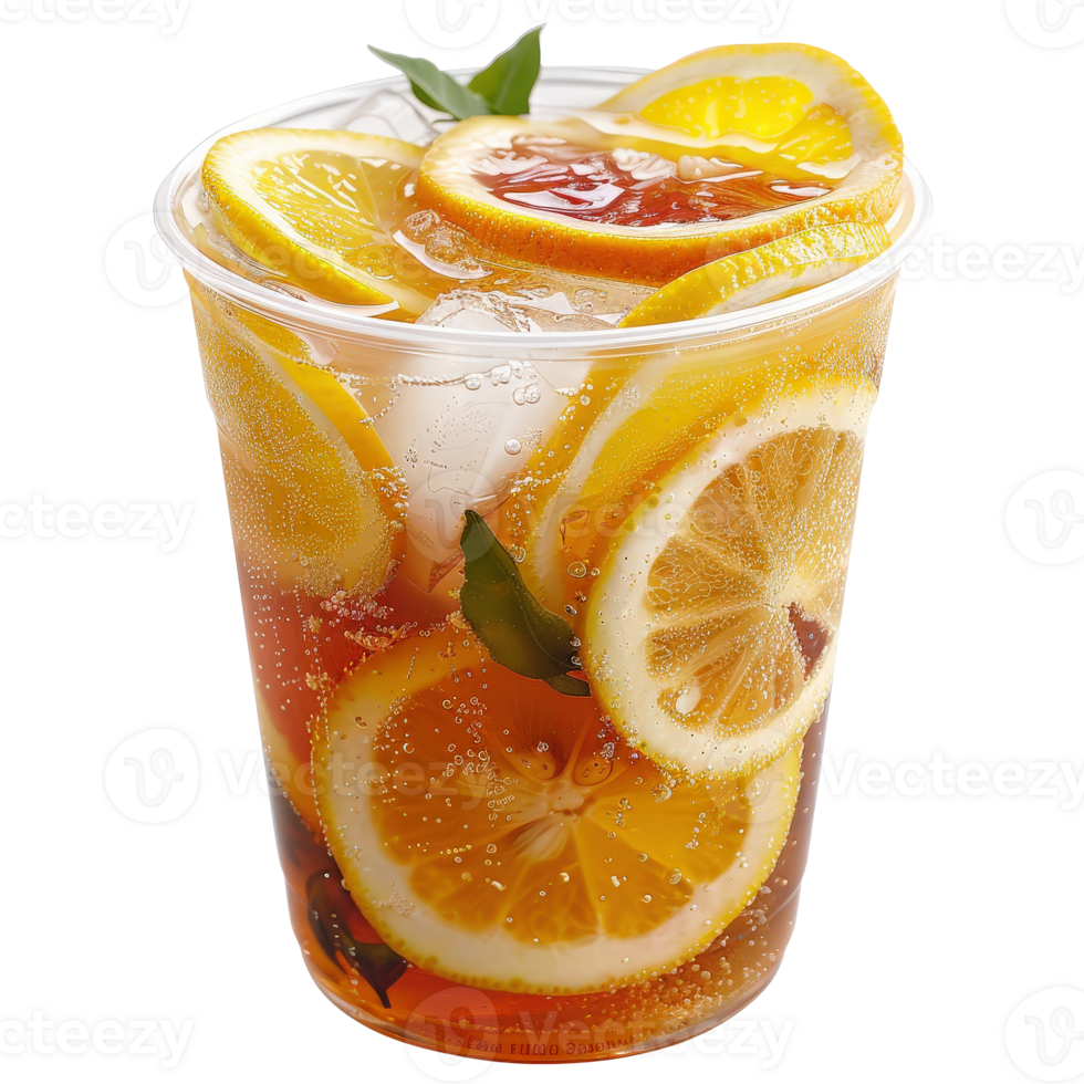 A glass of lemonade with slices of lemon and orange png