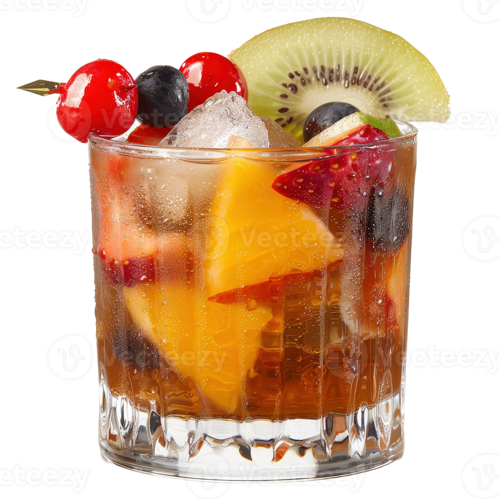 Refreshing Fruit Cocktail in Glass with Colorful Garnishes and Ice Cubes png