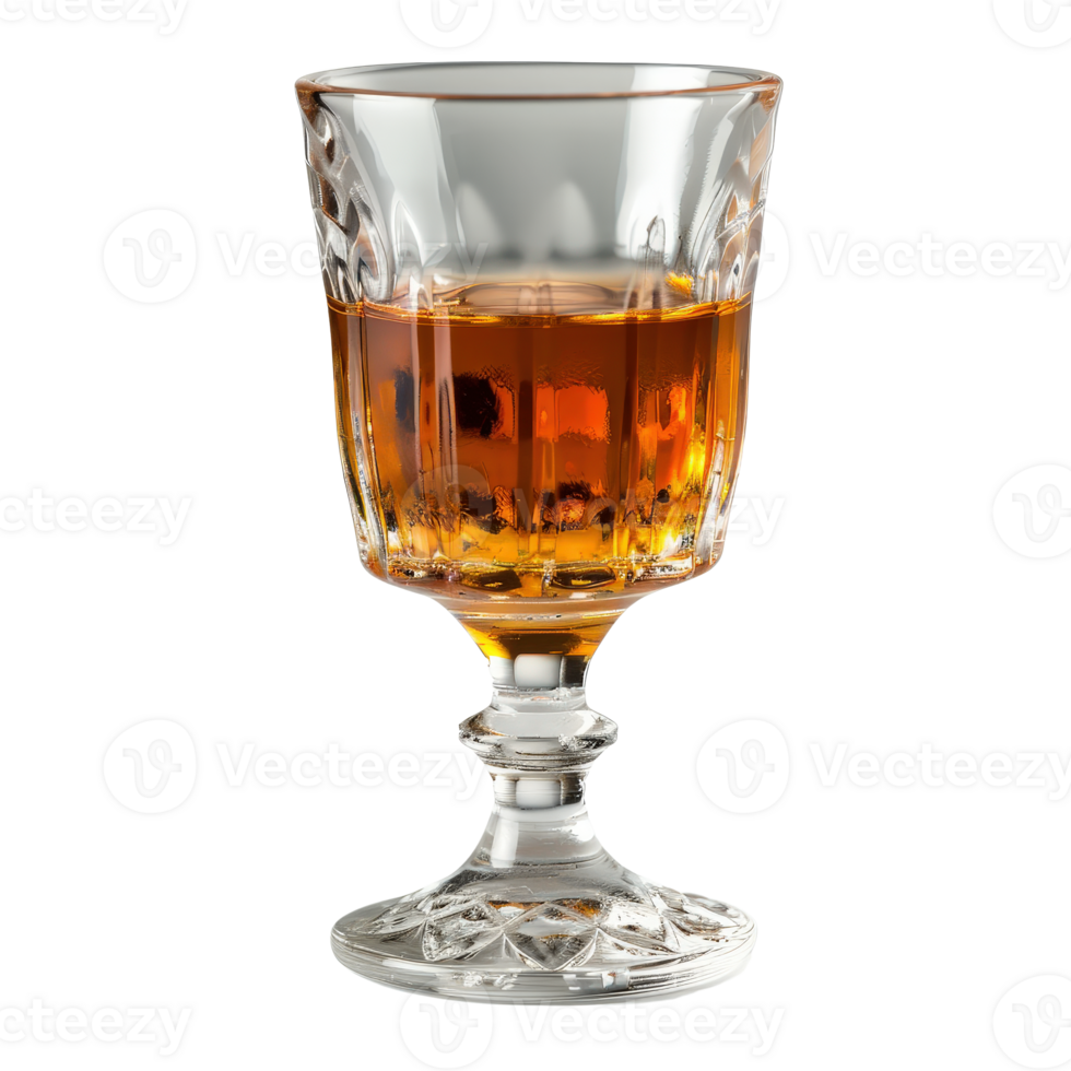 Elegant glass of amber whiskey reflecting light on a wooden surface with a blurred background png