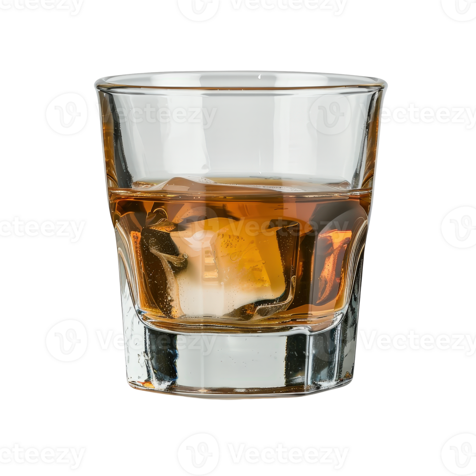 Close-Up of Glass With Whiskey and Ice Cubes in Clear Crystal Glass on . png