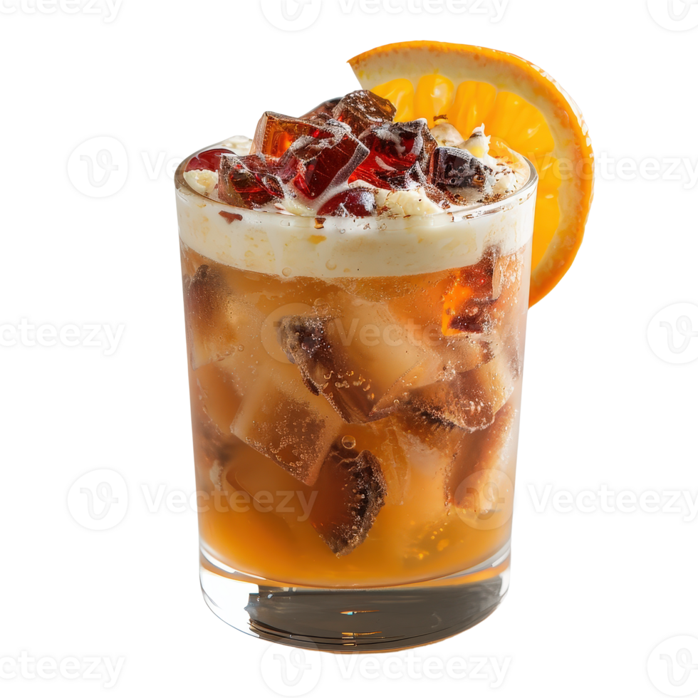 Refreshing Cocktail with Colorful Jelly Topping and Orange Slice Garnish in Glass png