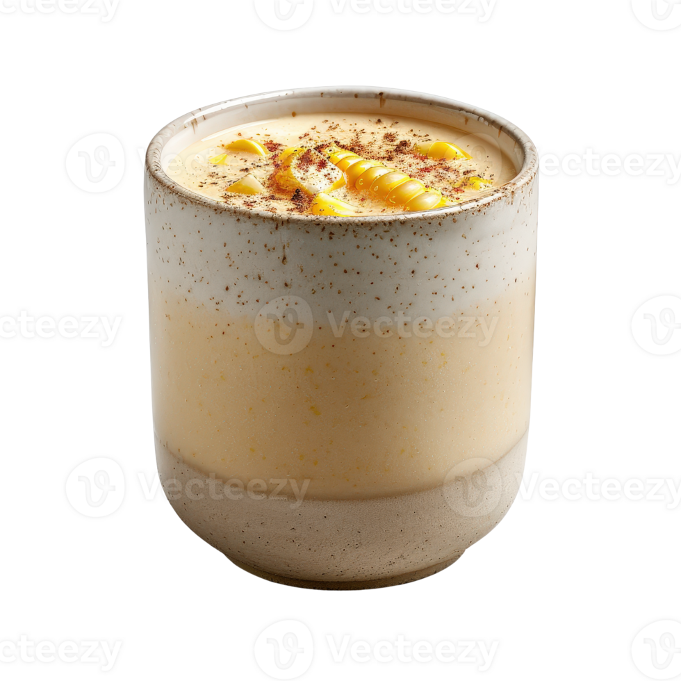 Creamy Yellow Smoothie in a Textured Ceramic Cup with Tropical Fruit and Garnish png