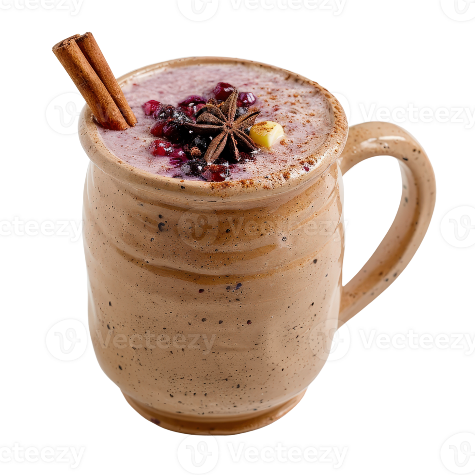 Warm Spiced Drink with Cinnamon and Pomegranate Seeds in Rustic Mug for Cozy Moments png