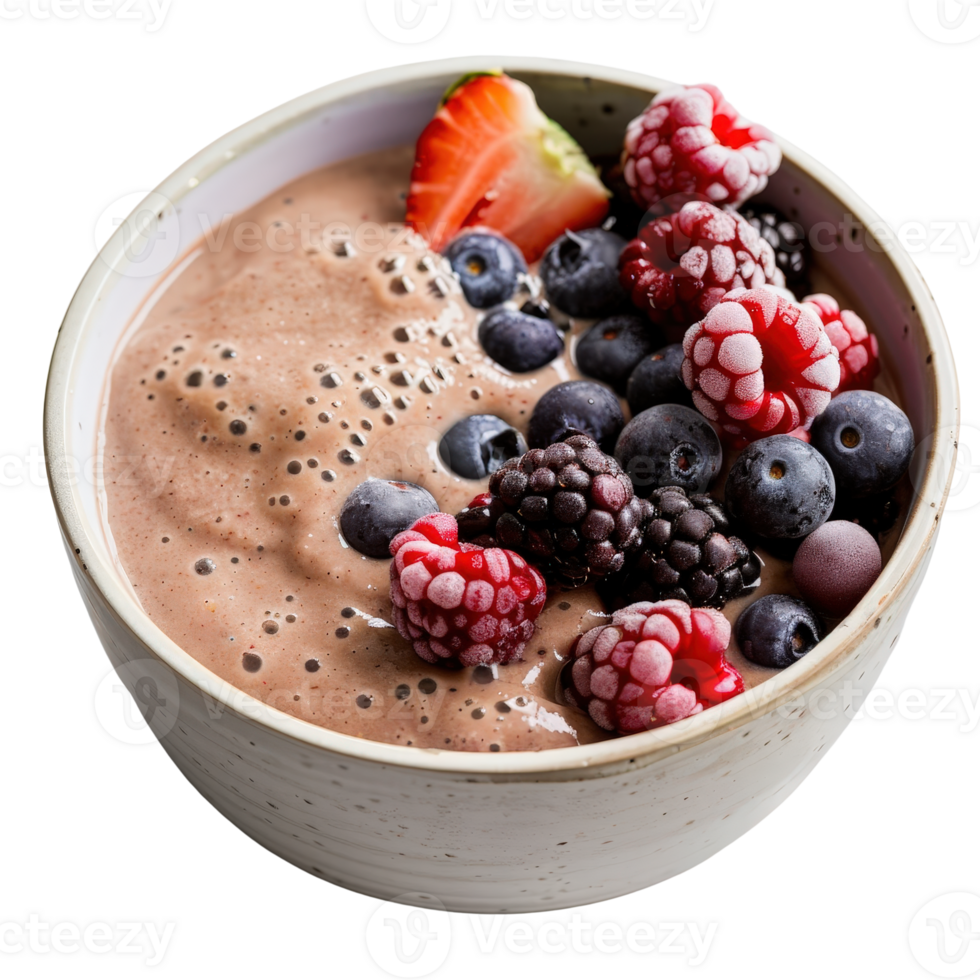 Creamy Chocolate Smoothie Bowl Topped with Fresh Berries and a Strawberry Slice png