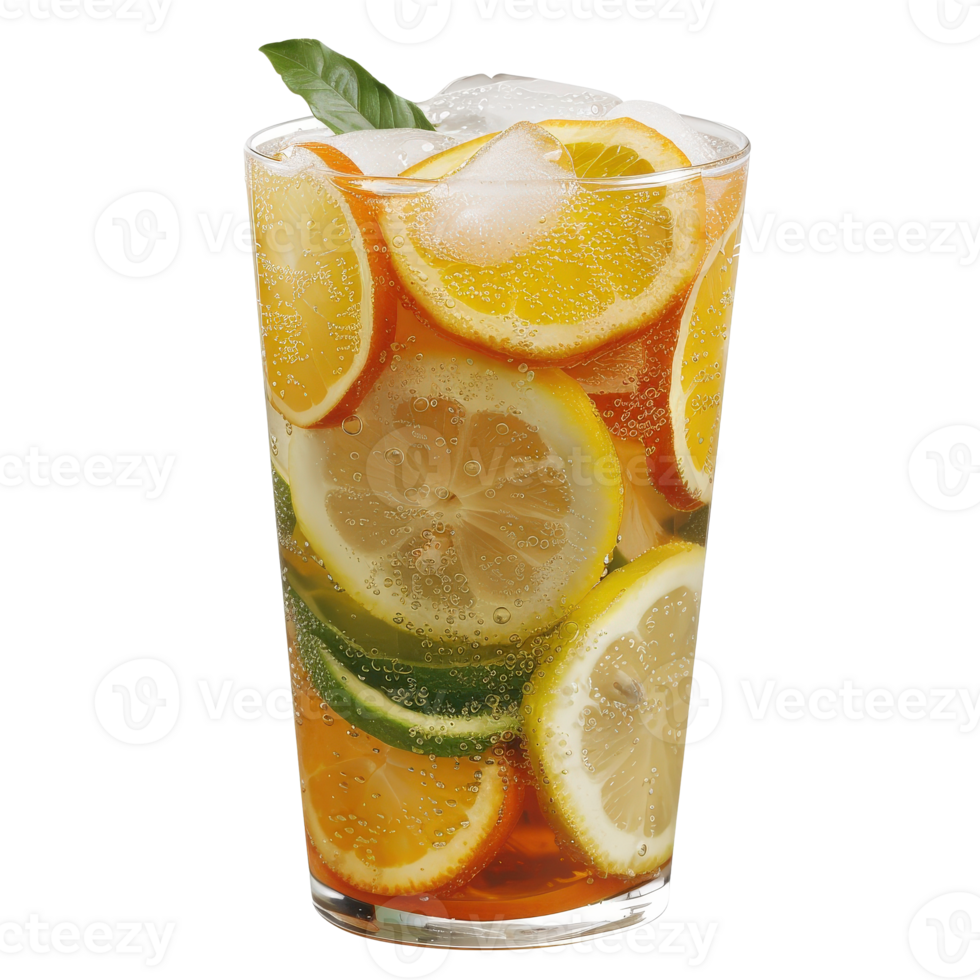 A glass of iced tea with lemon slices png