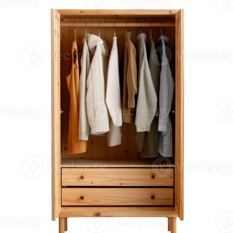 A wooden wardrobe with clothes hanging on the hangers png