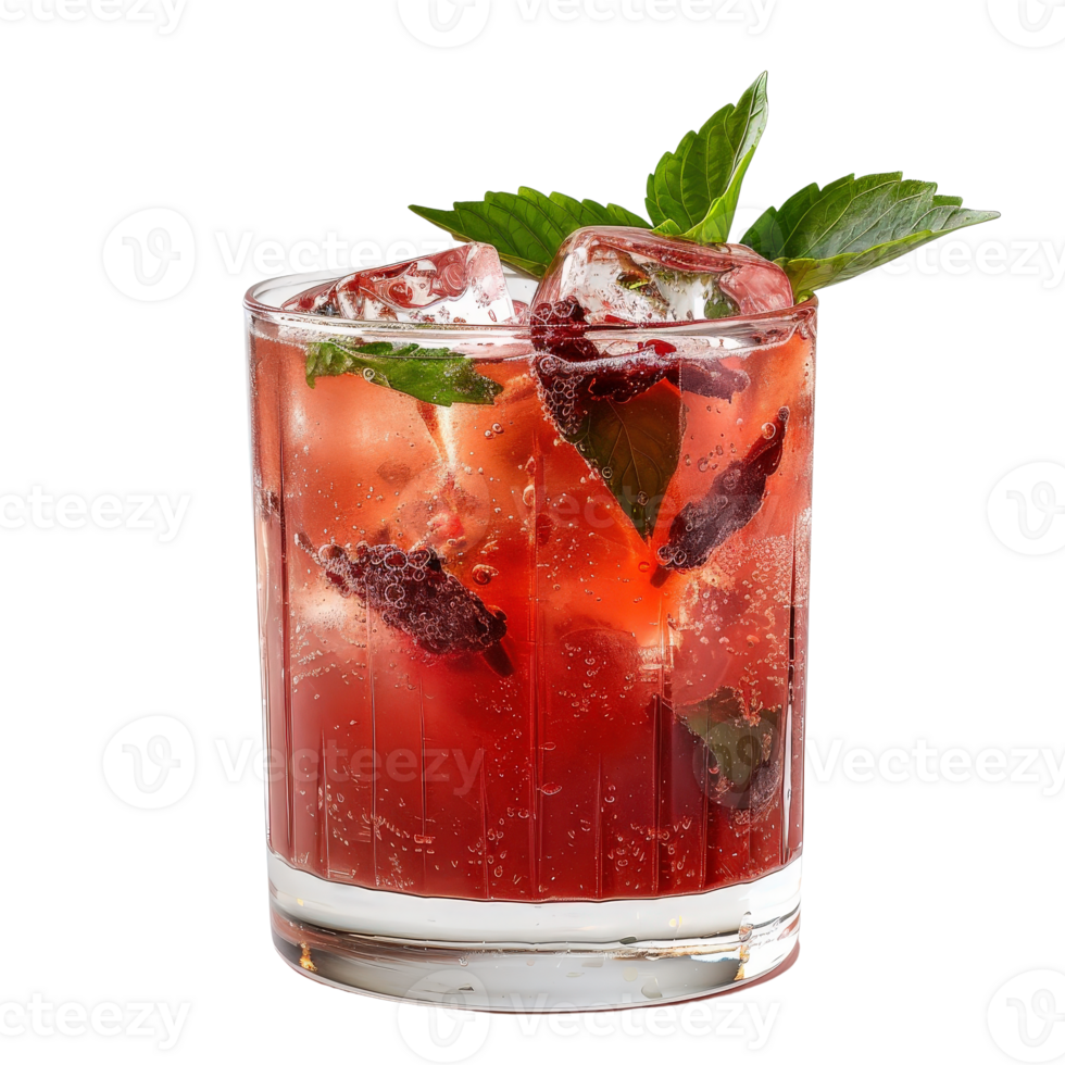 Refreshing Cocktail with Berries and Mint Leaves in a Clear Glass with Ice Cubes png