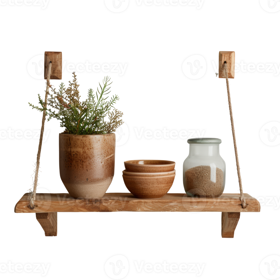 A wooden shelf with two pots and a plant png