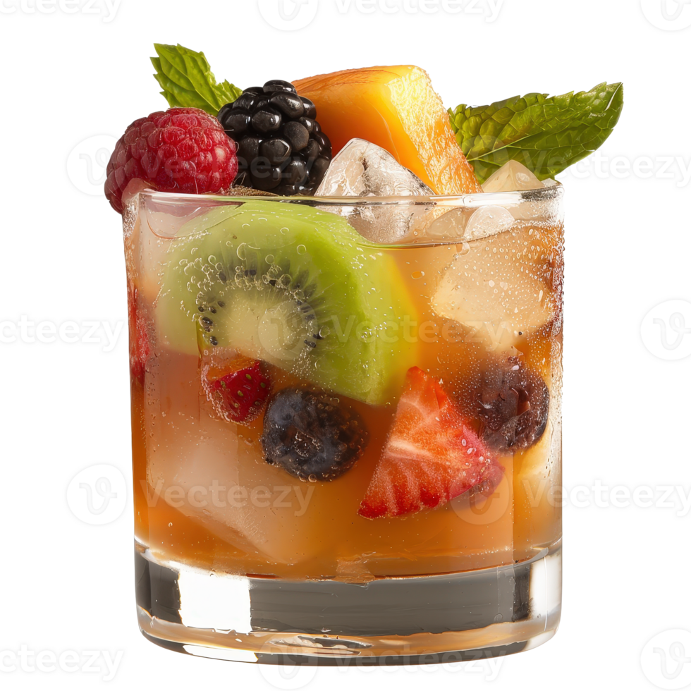 Refreshing Fruit Cocktail with Berries and Mint on Ice in Clear Glass png
