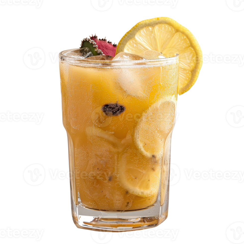 Refreshing Citrus and Tropical Fruit Beverage with Lemon Slice and Mint Garnish png