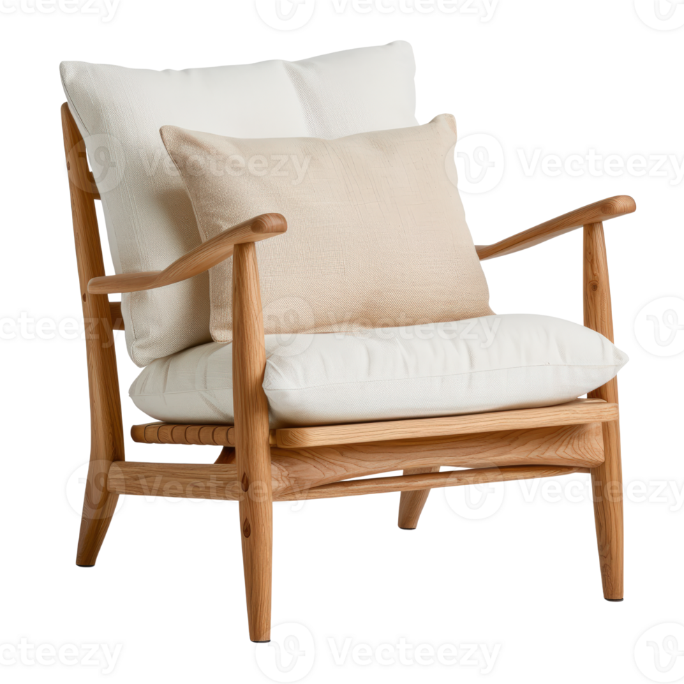 A chair with a white cushion and wooden frame png