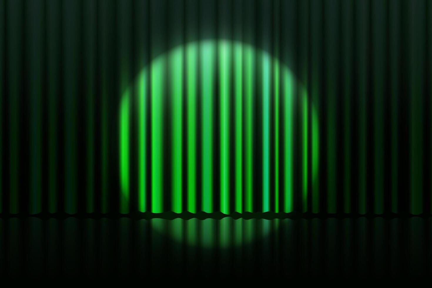 Realistic green curtain with spotlight beam and floor reflection. Luxurious stage backdrop for gala, awards or theatrical show. Elegant banner with velvet texture and opulent dramatic mood. vector