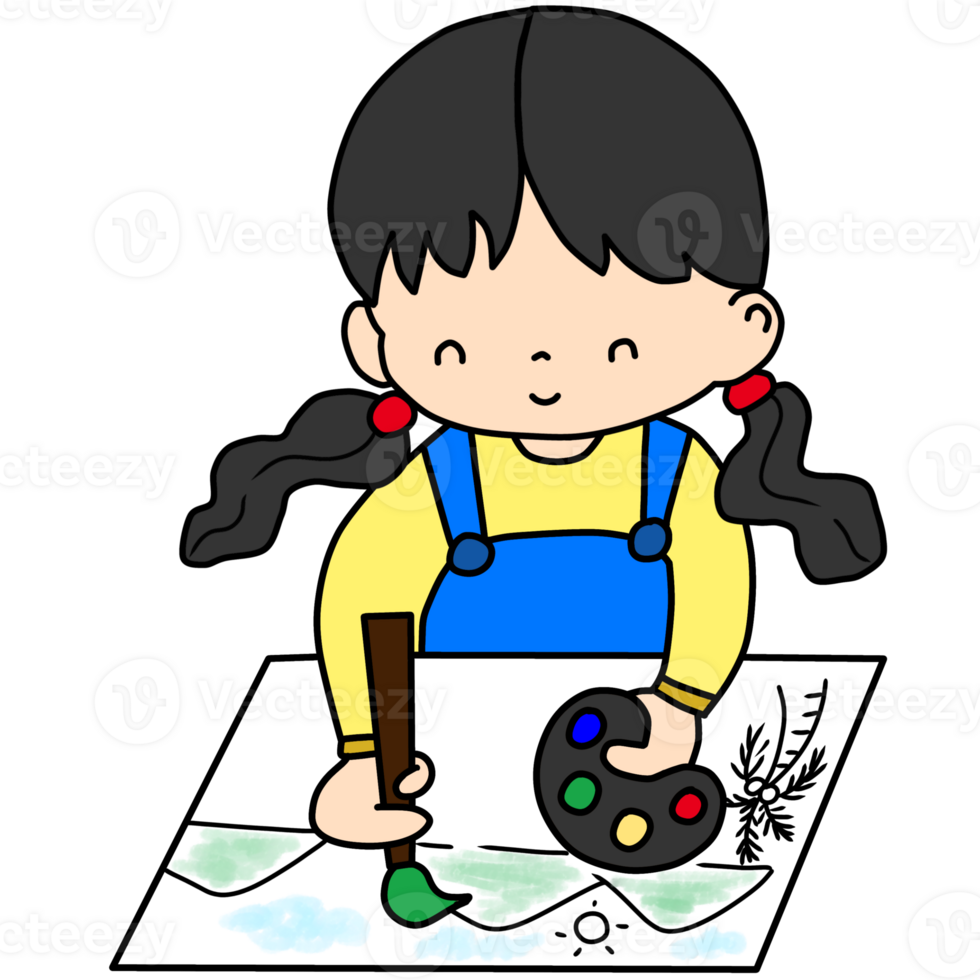 A hand-draw cartoon of a little girl coloring on paper png