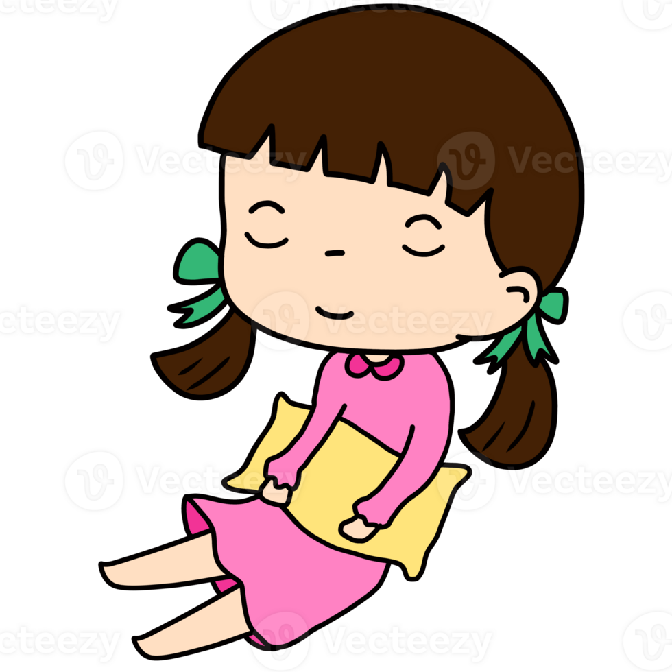 A cartoon of a little girl in pajamas hugging a pillow with her eyes closed png