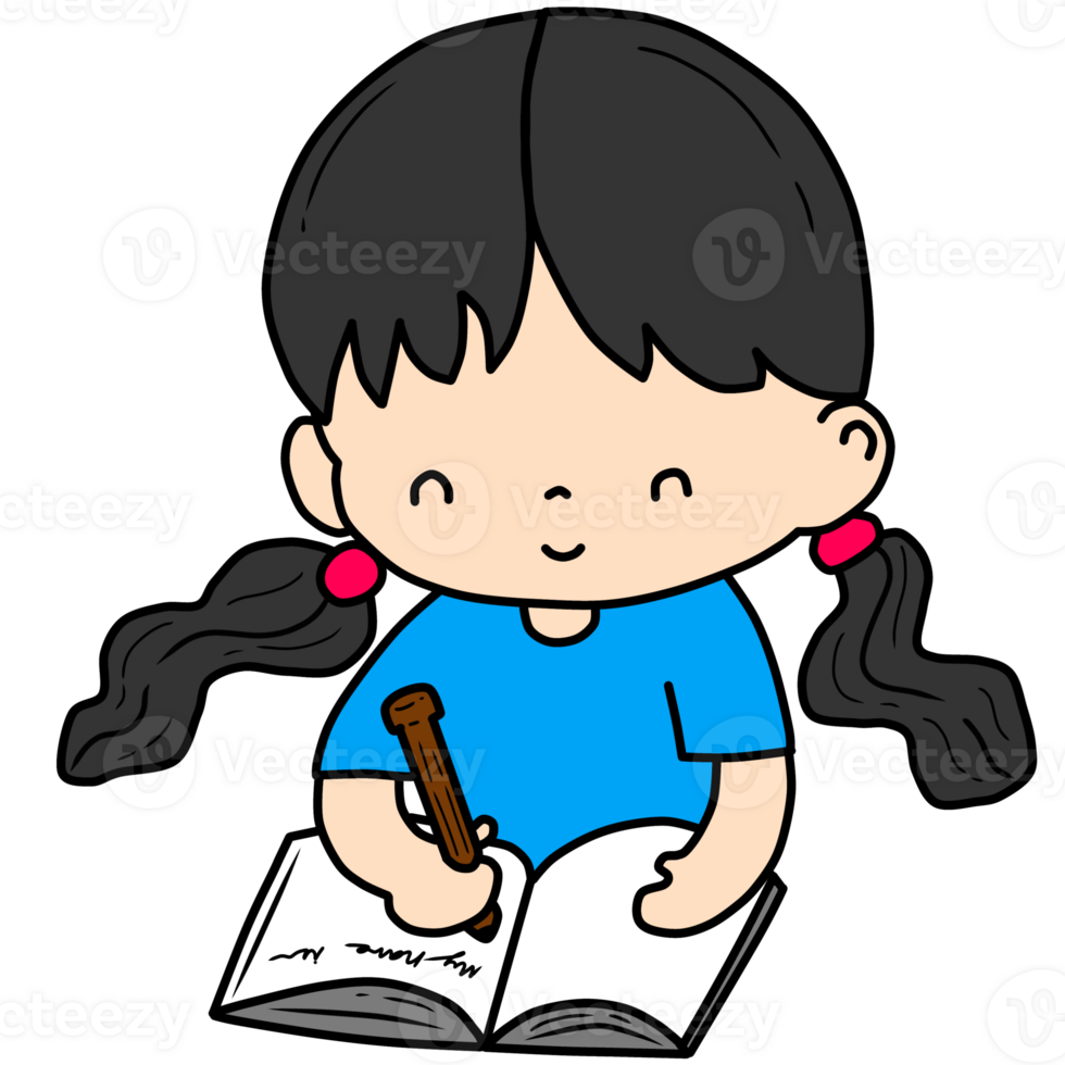 A hand-draw cartoon of a little girl writing or doing homework png