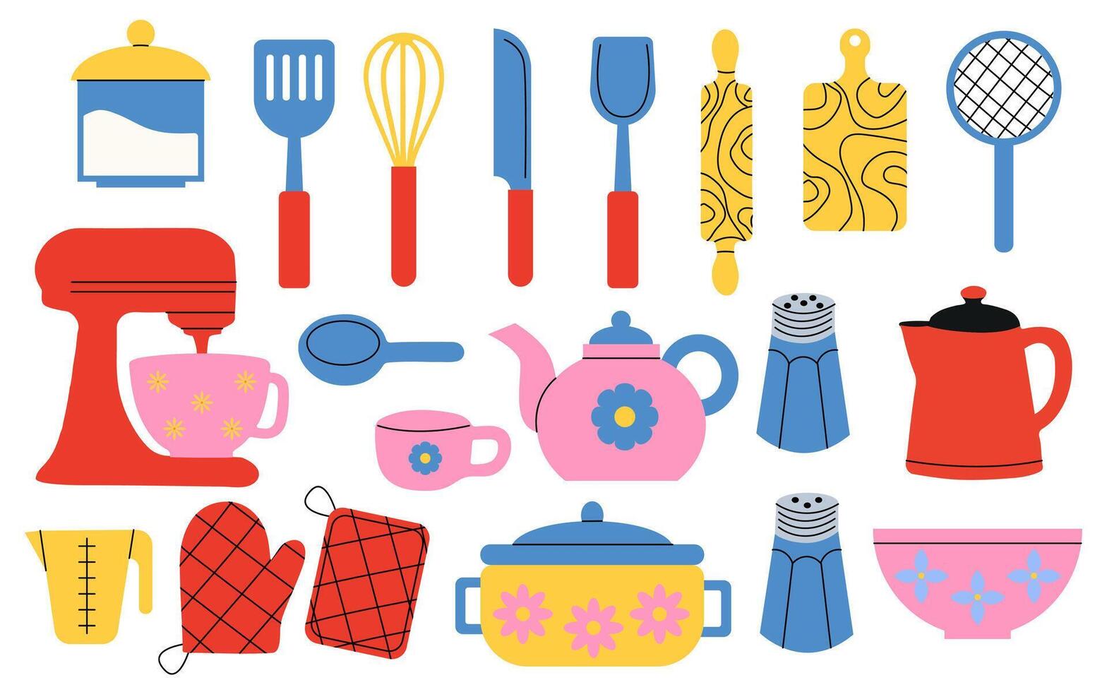 Set of kitchenware. Cooking tools, utensil, equipment and cutlery. Set for baking and dough preparation. Flat illustrations of cookware objects isolated on white background. vector