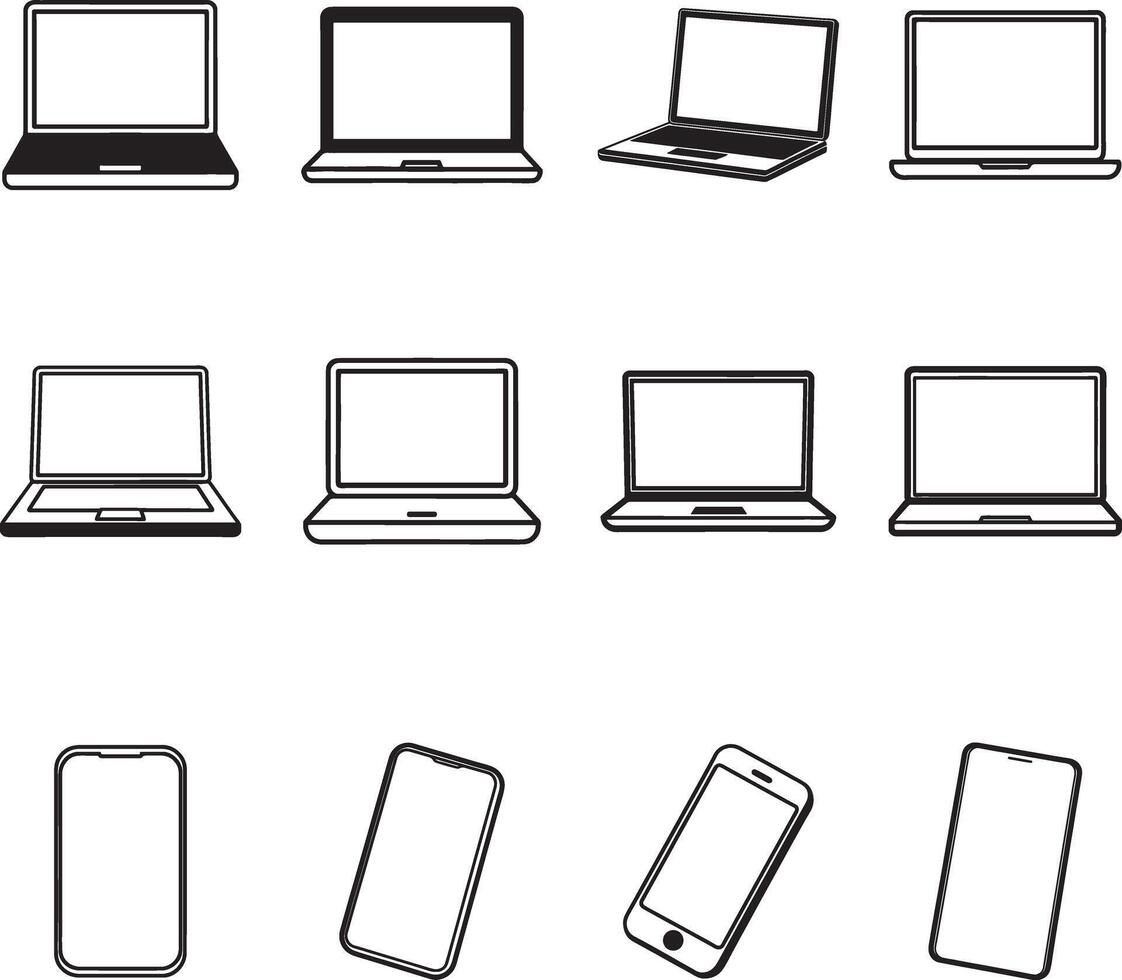 Set of Tech Device Icons Featuring Laptops and Smartphones in Multiple Angles vector