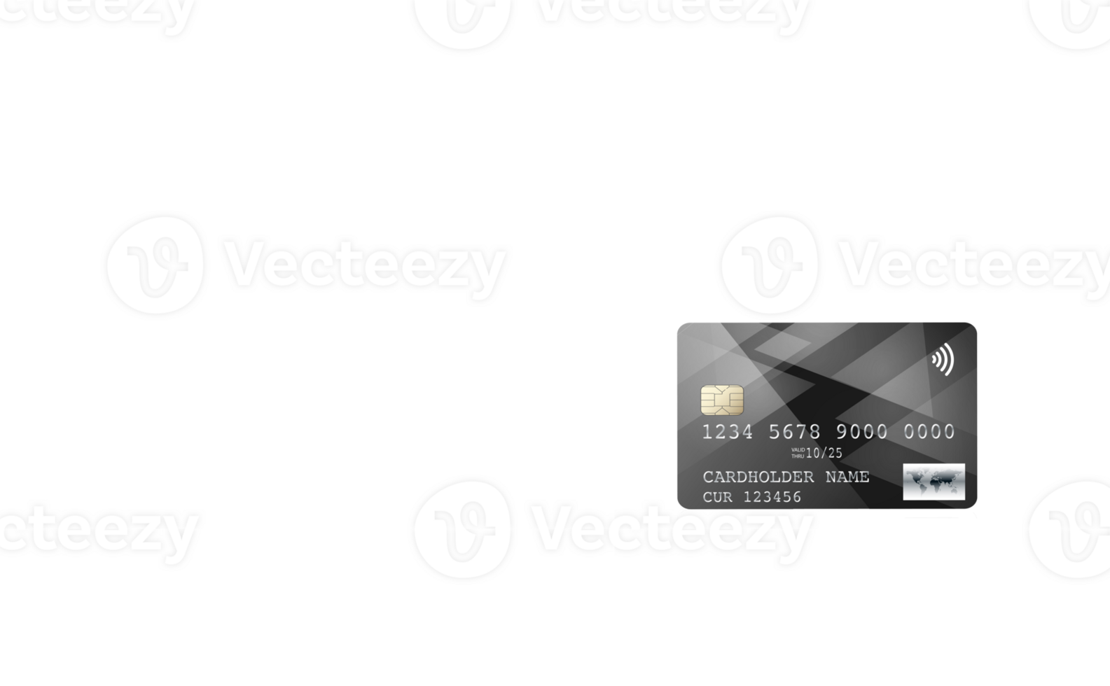 Credit card with chip on transparent background. Black, glossy with designer pattern, plastic bank. copy space. png