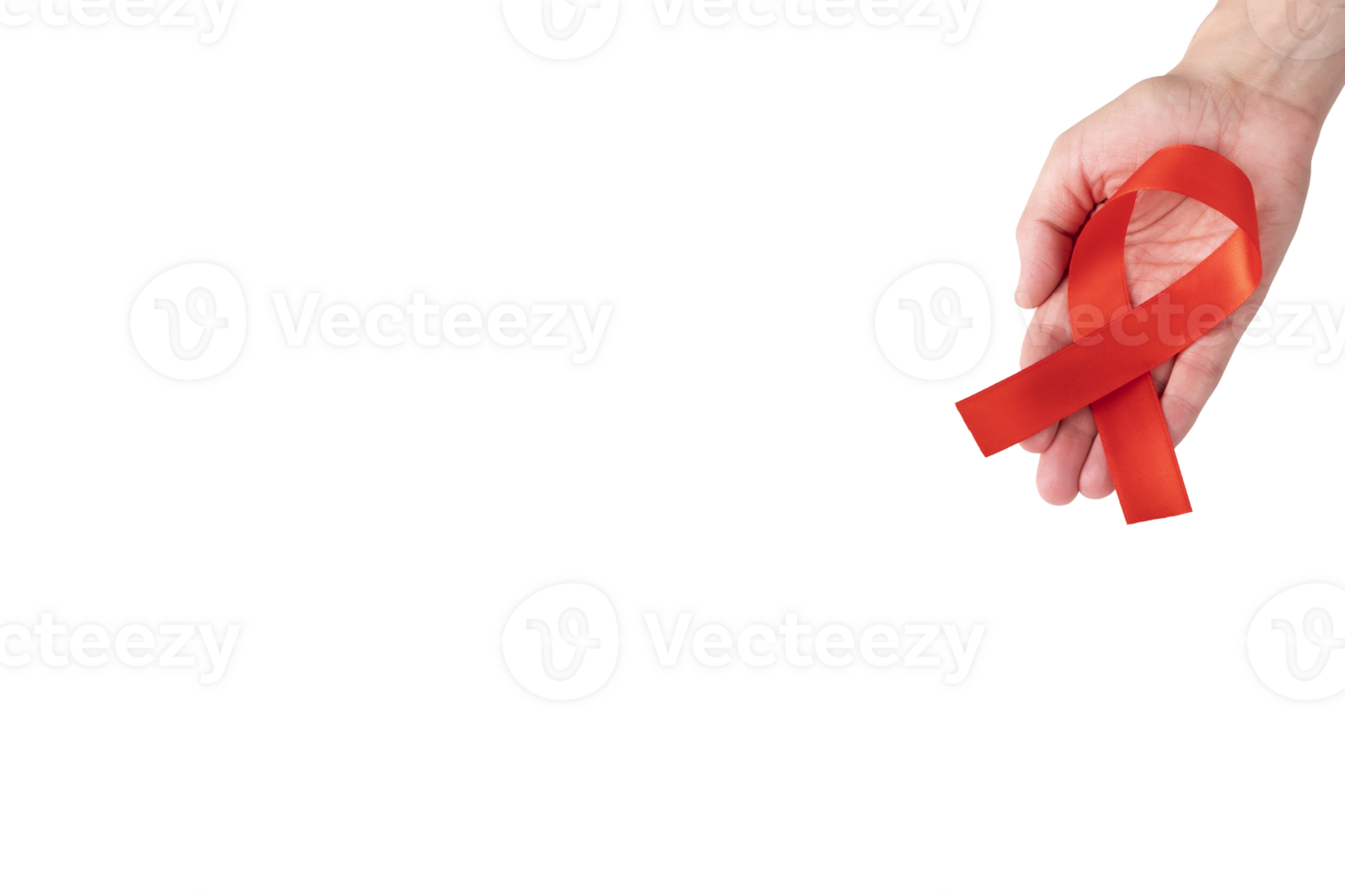 Red satin ribbon on a female palm, isolated background. Symbol Awareness about AIDS and blood cancer. copy space. png
