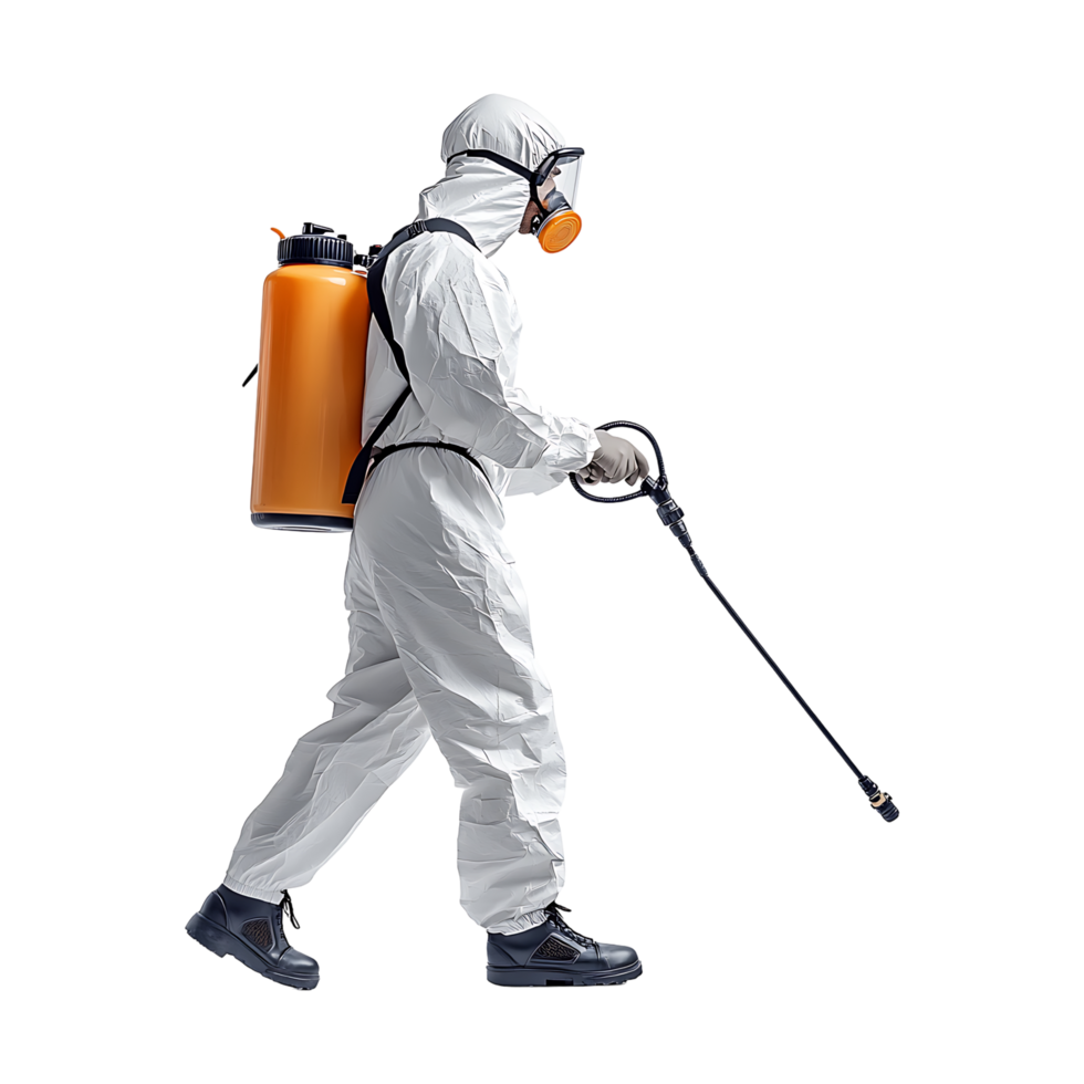 Man in a white protective suit with a sprayer png