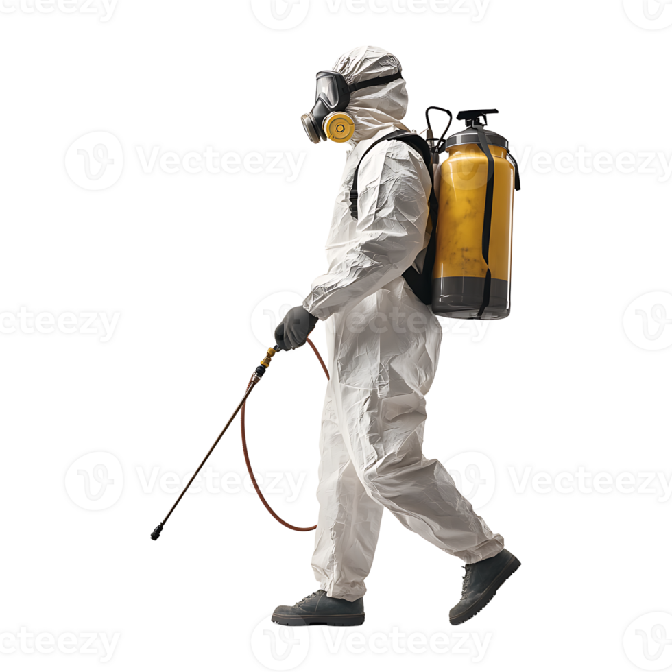 Man in a protective suit and gas mask is walking with a sprayer png