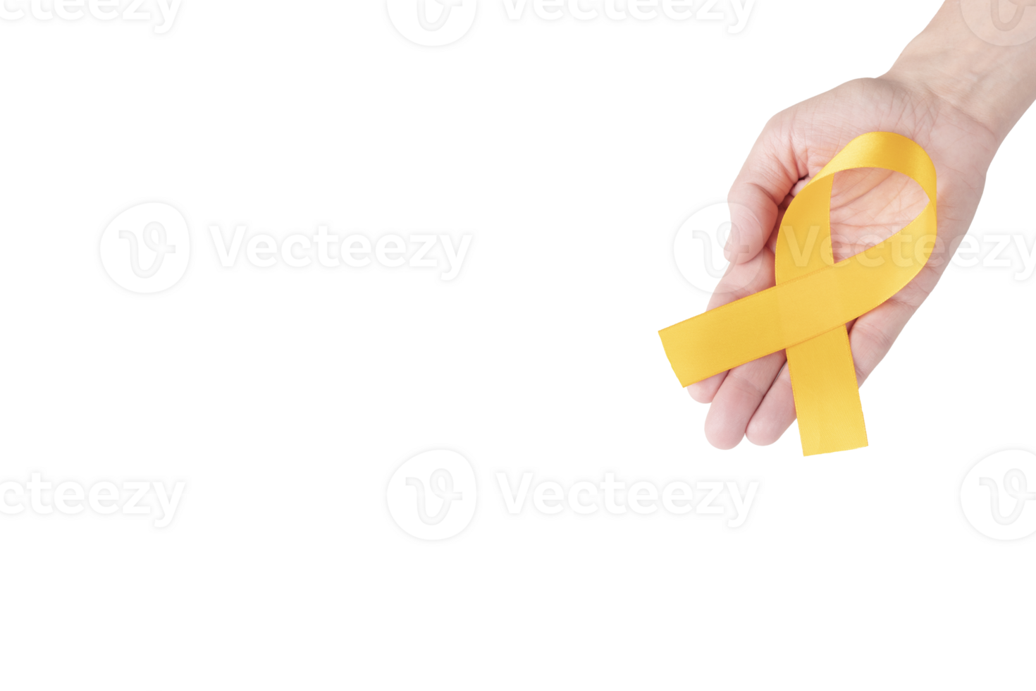 Orange satin ribbon on the palm of a woman, isolated background. Cancer awareness symbol. copy space. png