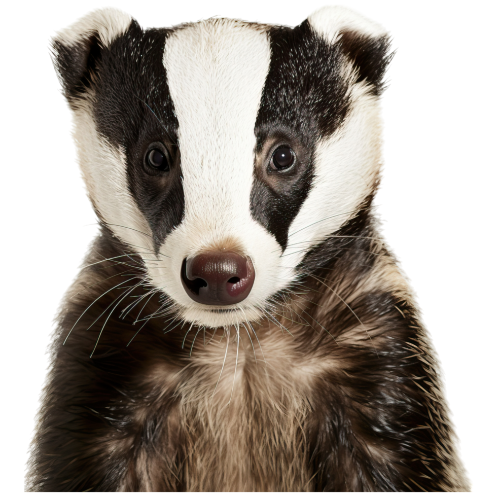 A close-up of a badger, showcasing its distinctive black and white facial markings and expressive eyes. png