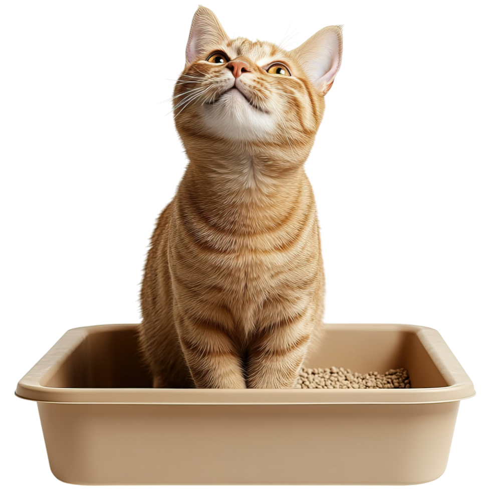 A curious orange tabby cat sits upright in a litter box, gazing upwards with wide eyes. png