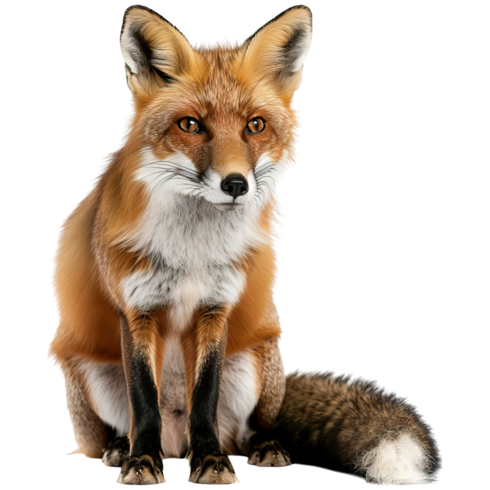 A detailed, lifelike representation of a fox with vibrant fur, sharp eyes, and a bushy tail, showcasing its majestic posture and natural features. png