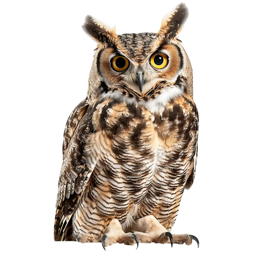 A detailed image of a great horned owl, showcasing its distinctive plumage and striking yellow eyes. png