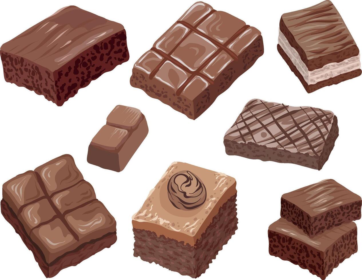 set of chocolate brownies in different shapes and styles vector