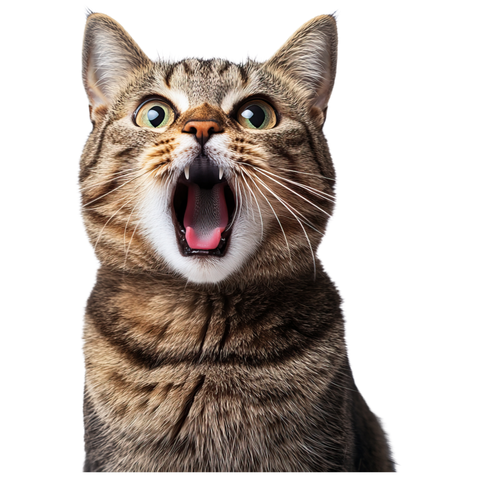 A close-up of a tabby cat with wide eyes and an open mouth, expressing surprise or excitement. png