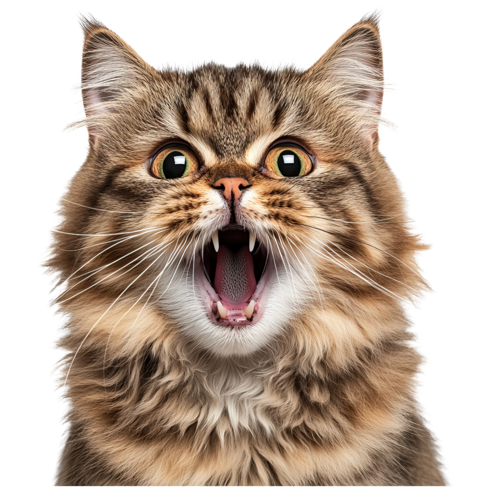 A close-up of a cat with wide-open eyes and an open mouth, displaying sharp teeth and a lively expression. png