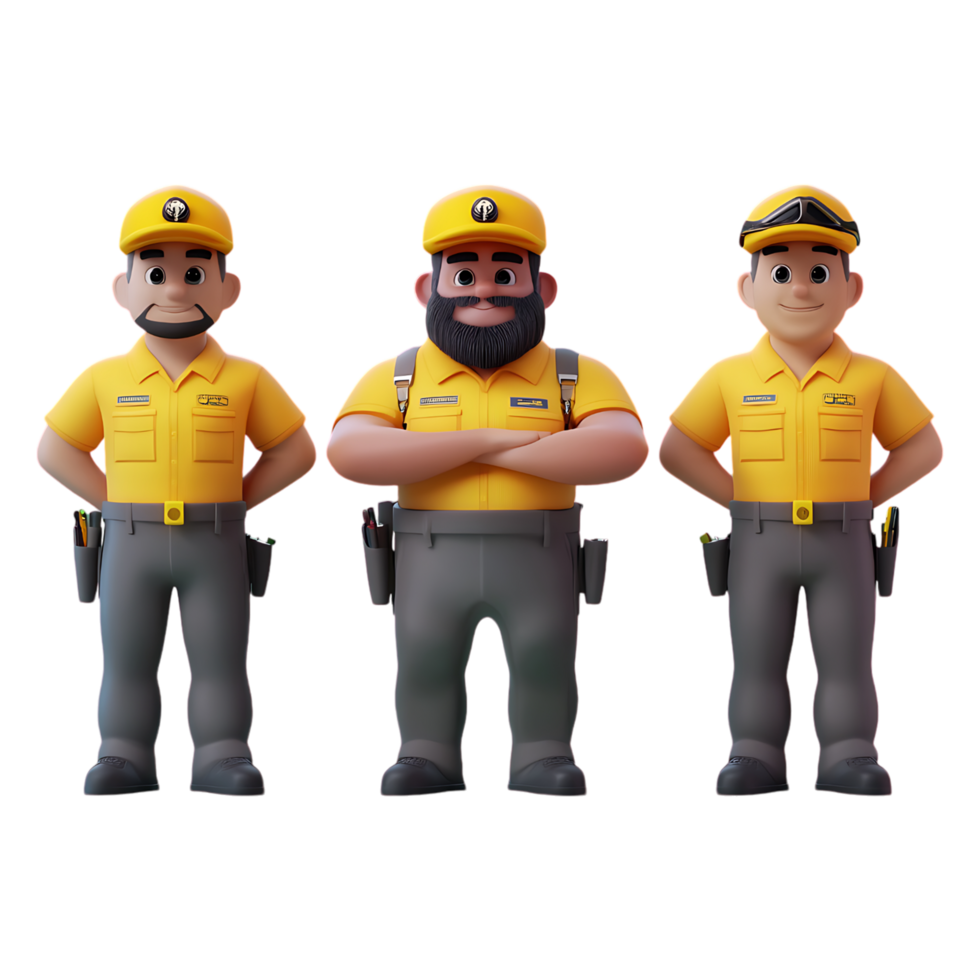 Three cartoon delivery men in yellow uniforms png