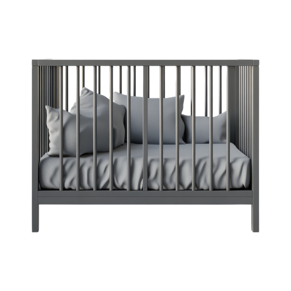 A gray crib with pillows on it png