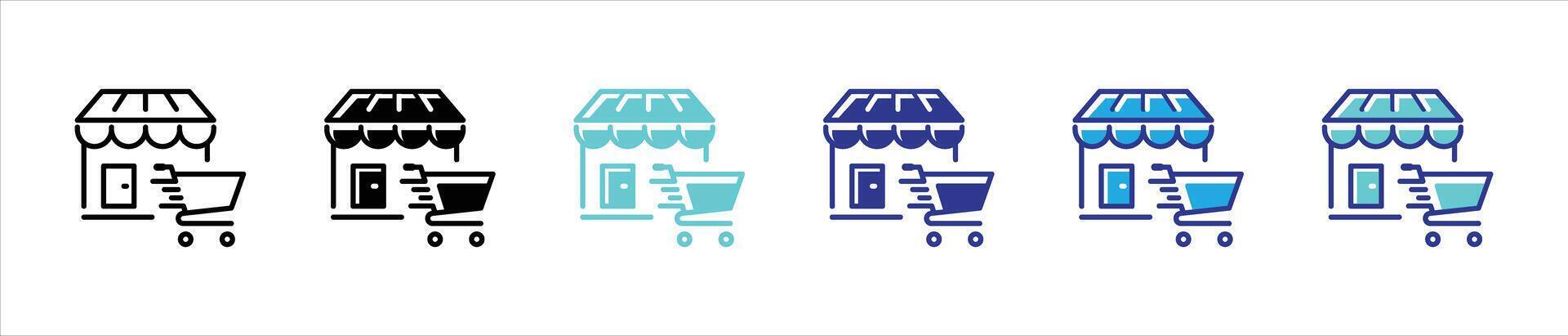 store icon set. store with cart outline stroke and different color style, marketplace, online store symbol sign icon vector