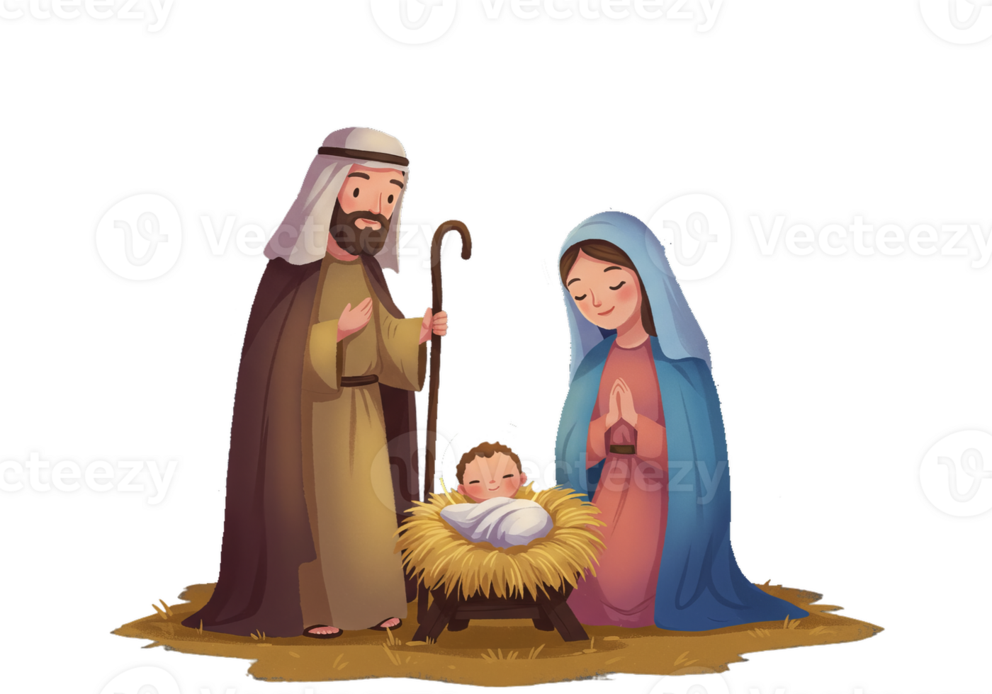 Family with Baby in Manger Illustration, Cartoon Style png