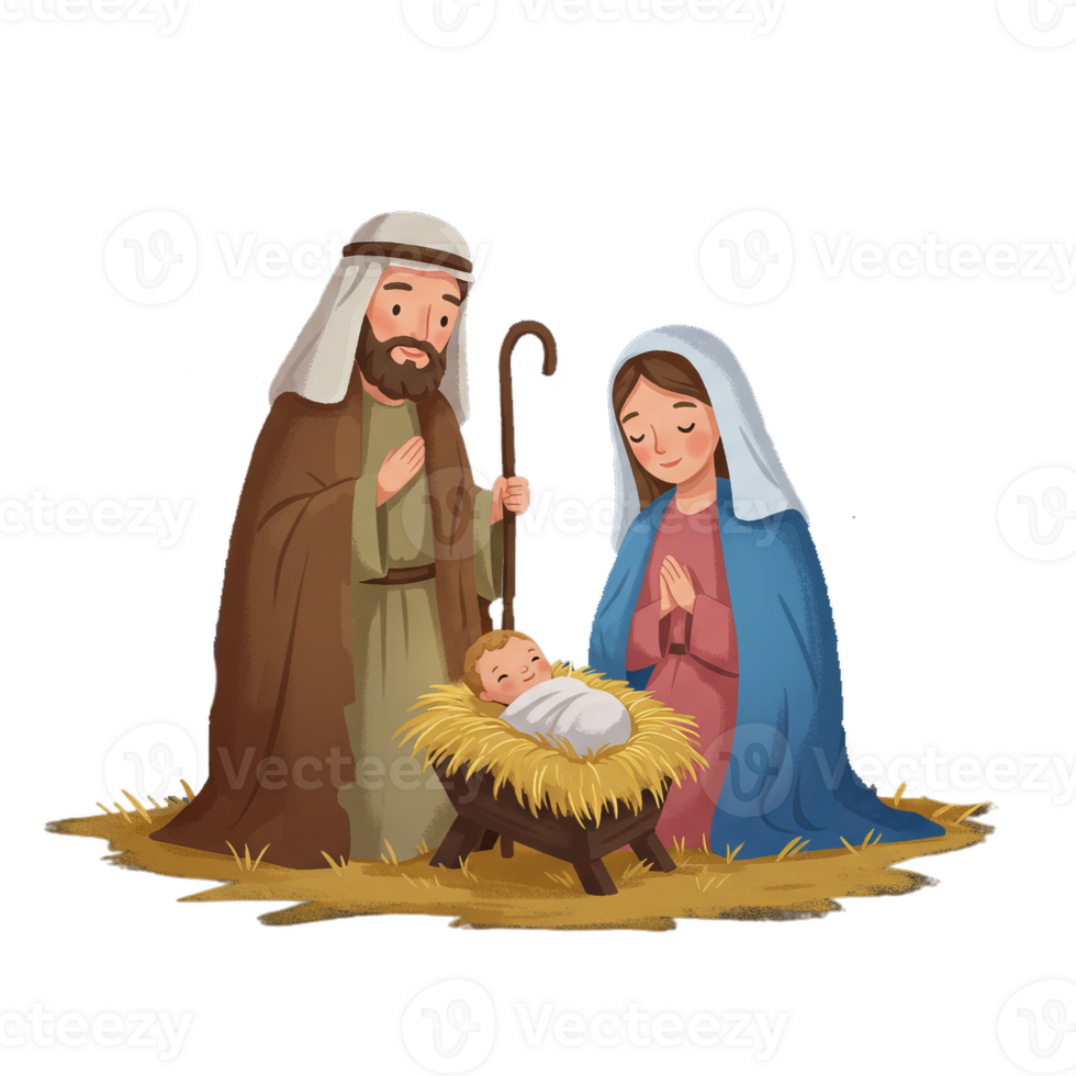 Family with baby illustration in manger cartoon style png