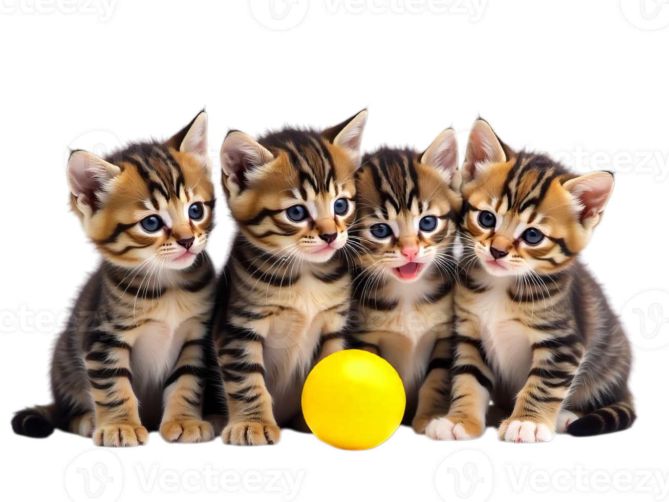 Four kittens are sitting in a row, with a yellow ball in front of them png