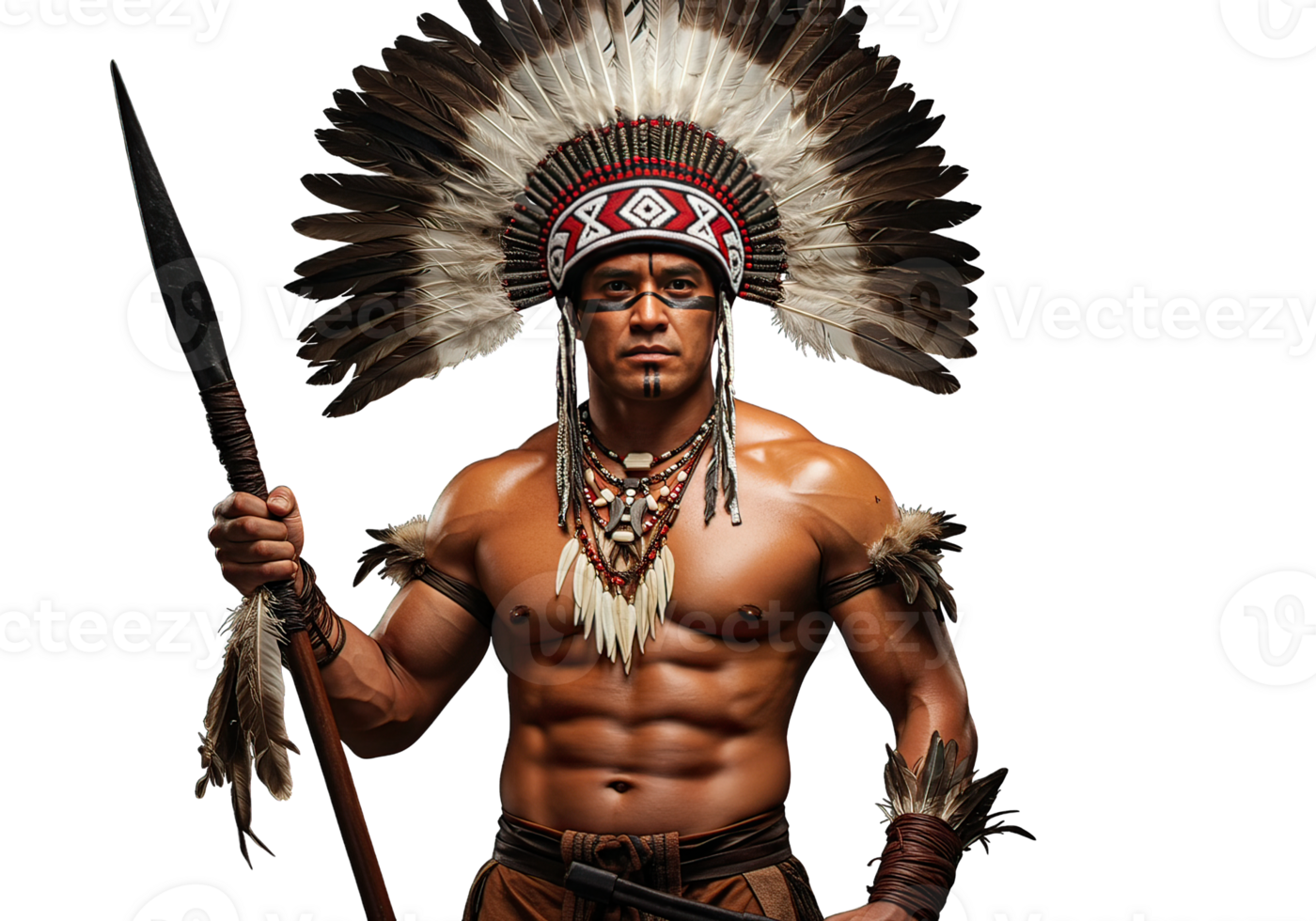Strong Indigenous Warrior Holding Spear with Traditional Headdress png