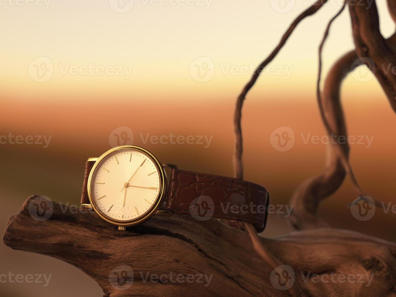 A watch sitting on a branch in the sunset photo