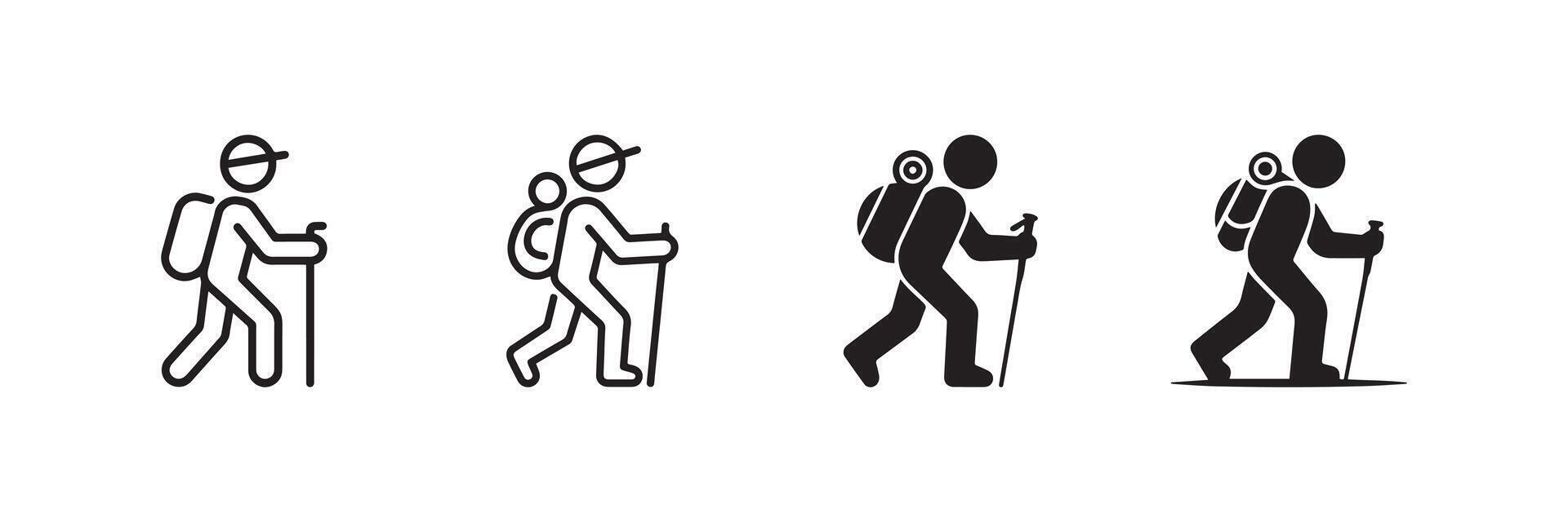 Hiking Icon Set of Hikers with Backpack and Walking Stick Illustration vector