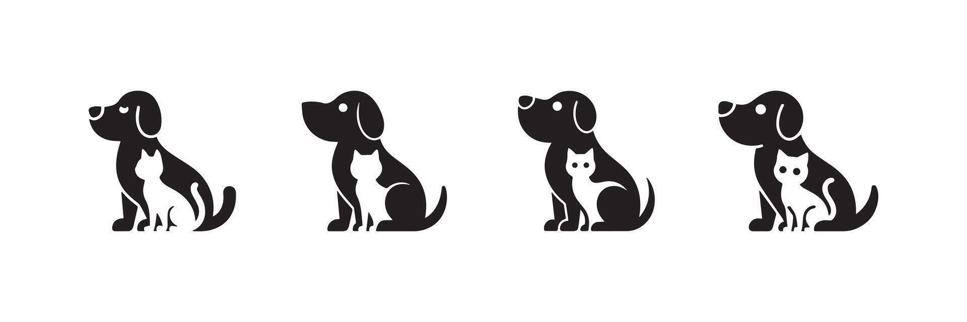 Dog and Cat Sitting Together Icon Set in Solid Pet Silhouette Style vector