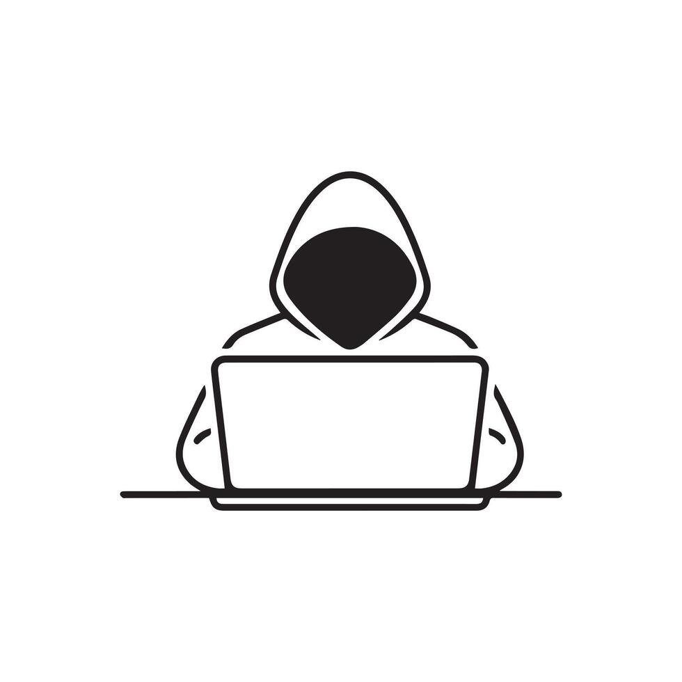 Minimal Hacker Illustration with Hooded Figure and Laptop for Cybersecurity and Tech vector