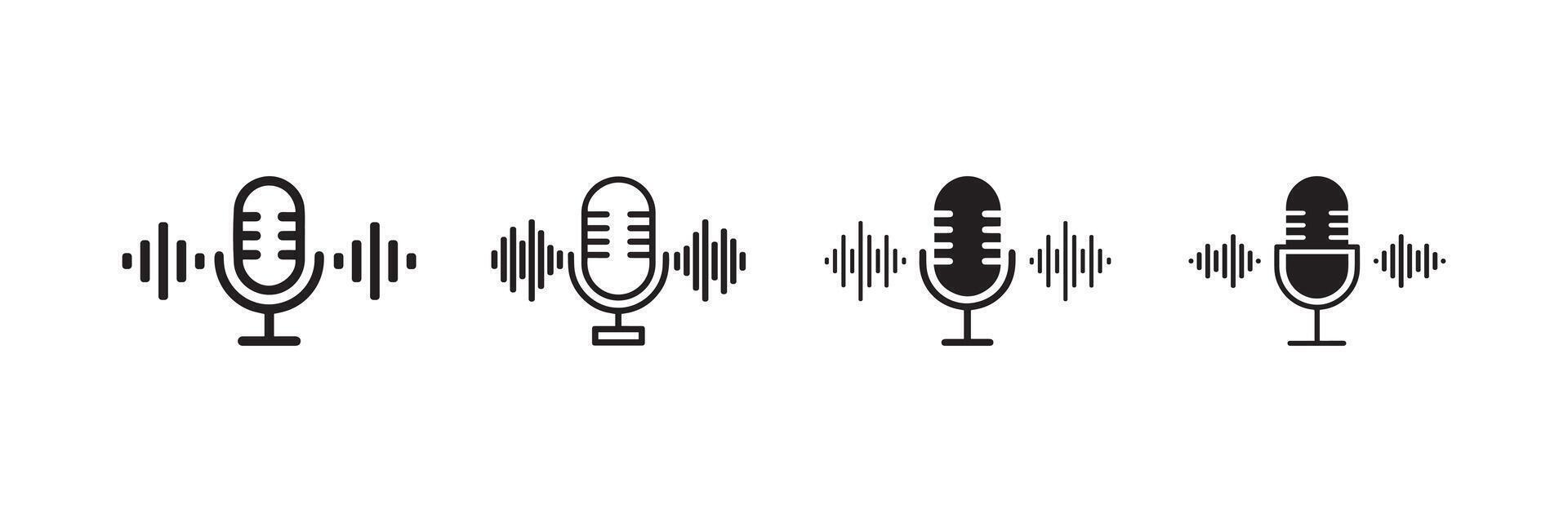 Microphone Icon with Soundwave Set Outline and Solid Design vector