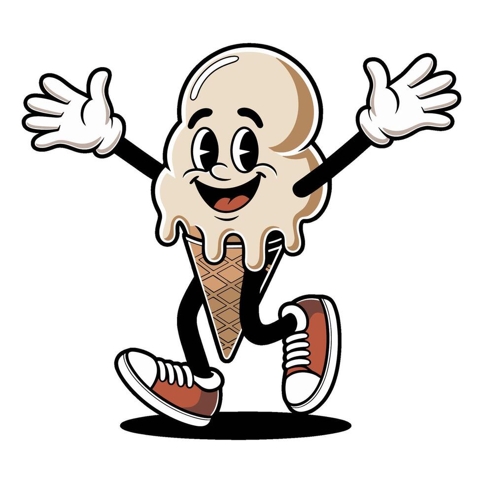Fun cartoon character of cheerful ice cream cone dancing energetically with big smiles and welcoming hands vector