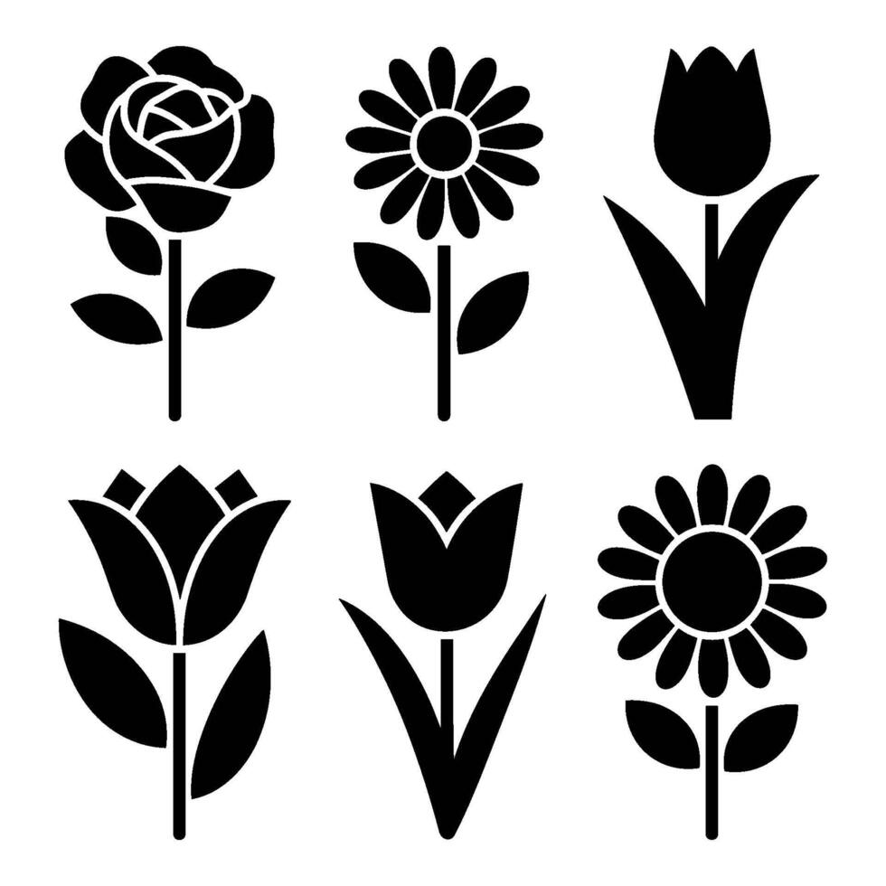 Set of six black floral icons in minimalist silhouette style on white background vector